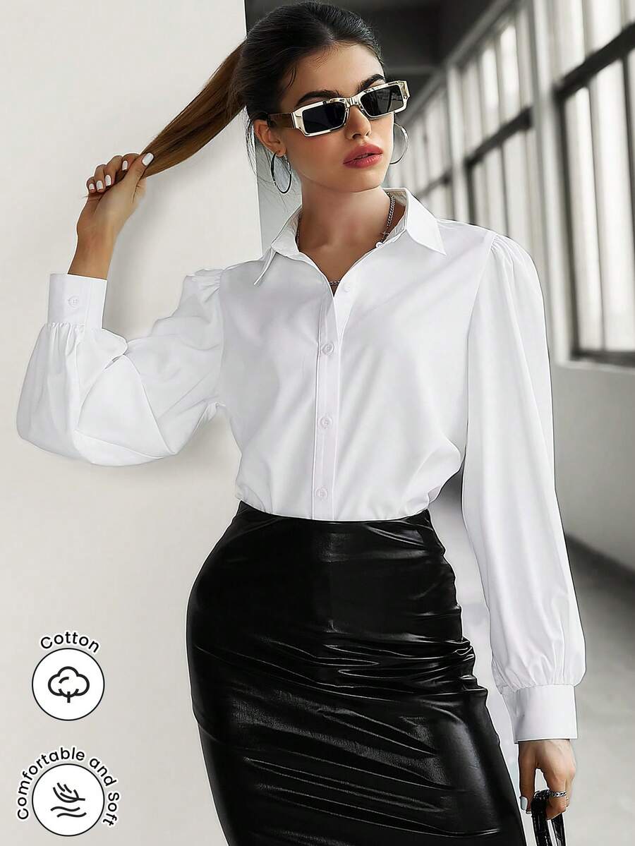 Modelyn 翻领公主袖纽扣前襟休闲衬衫 - 白色 - 查看 1