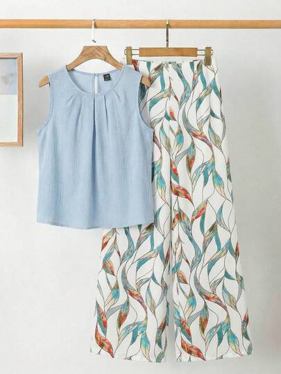 SHEIN Clasi Elegant Women's Solid Color Texture Pleated Blouse And Flower Wide Leg Pants Set