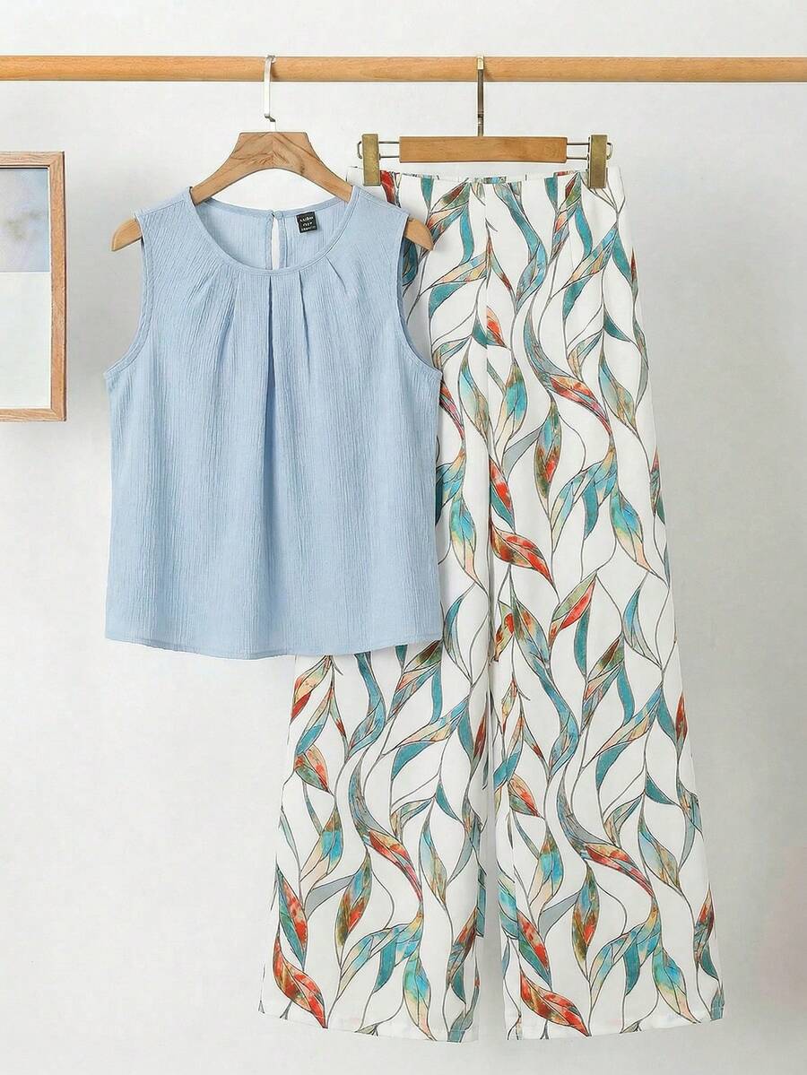 SHEIN Clasi Elegant Women's Solid Color Texture Pleated Blouse And Flower Wide Leg Pants Set,Vacation Outfits Women - Baby Blue - View 1