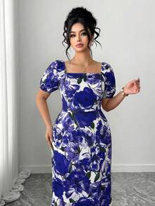 Elenzga Women's New Square Neck Printed Puff Sleeve Dress, With Fish Tail Hem And Ruffle Trim, Elegant Design Suitable For Casual Daily And Holiday Wear - Blue - View 6