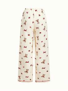 Bonmuse 3pcs Women Spring/Summer Cute Loose Teddy Bear, Cherry Blossom & Bow Print Pocket Front Button Short Sleeve Top, Shorts & Pants Pajama Set, Comfortable Loungewearfor Summer - Beige - View 7