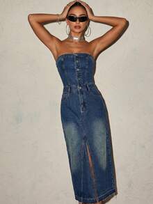 Women's Casual Washed Denim Jumpsuit Dress With Pockets, Summer - Medium Wash - View 5