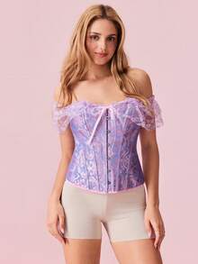 提花蕾絲碎花交叉帶修身上衣 - 紫丁香色 - 查看 3