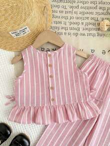 SHEIN LMoss Kids 女婴条纹圆领上衣和宽松休闲裤两件套 - 粉色 - 查看 5