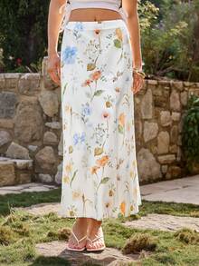 KARISMINA 女士休闲优雅浪漫度假印花A字裙，女士白色A字裙 - 藍白色 - 查看 9