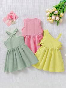 SHEIN Playful Pals 3件套女婴时尚多巴胺色无袖连衣裙，夏季户外 - 彩色 - 查看 2
