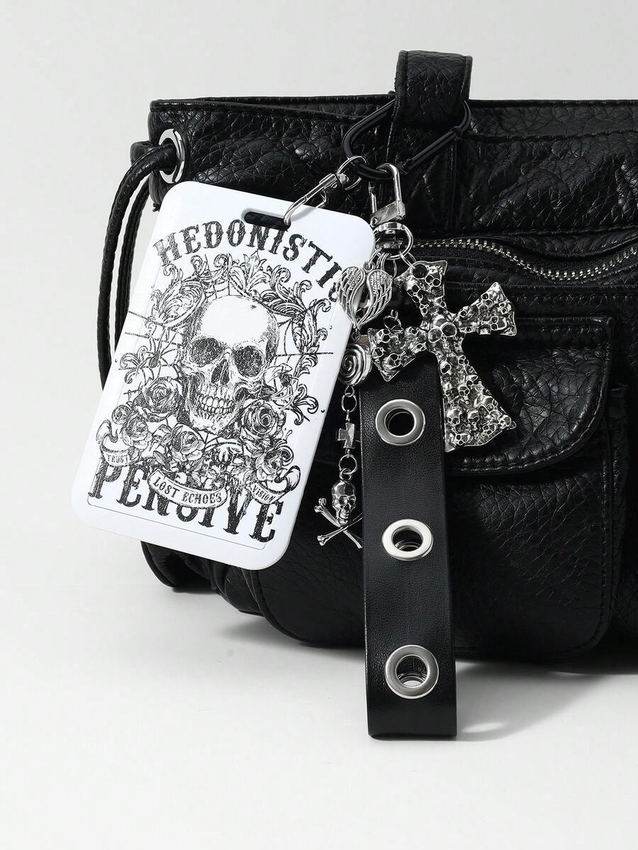 Goth 1 Y2k 重工业朋克复古个性化独特暗黑风格哥特式黑色亮面皮革金属透气眼孔腕带树脂圆珠古银色漩涡圆形蛋糕恶魔翅膀骷髅骨十字架玫瑰蜘蛛网字母“享乐主义”印花白色亚克力滑盖卡套校园卡套星卡套旅行交通卡套 DIY 钥匙扣配件包挂件，适合上班族、学生、派对爱好者、日常佩戴、节日礼物 - 黑白色-141 - 查看 1