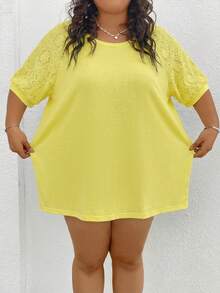 SHEIN CURVE+ Plus Size Women Top With Different Material Splicing,White T-Shirt - Pale Yellow - View 5
