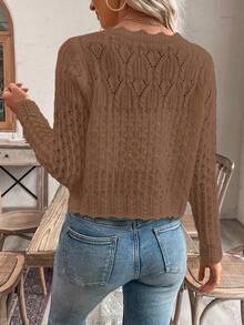EMERY ROSE Women's Round Neck Hollow Front Button Cardigan, Autumn/Winter Knitted Sweater Jacket Golf White Basic Sexy - Rust Brown - View 2