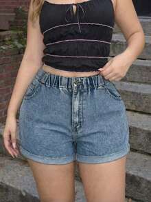 SHEIN ICON Plus Size Women's Elastic Waist Pocket Casual Versatile Denim Shorts - Light Wash - View 5