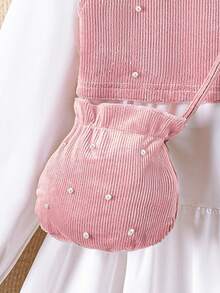 SHEIN Conjunto de 3 piezas para niña preadolescente que incluye: chaleco con decoración de perlas, camisa vestido casual de manga larga blanca y 1 bolso bandolera, set para otoño/invierno - Rosa - Ver 4