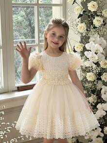 Glamorique Kids 公主風女孩兒童小花童婚禮禮服 3歲生日表演用 新生兒短袖冬季白色薄紗洋裝 - 香檳色 - 查看 9