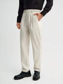 MENRIVO Pantalones casuales rectos con pliegues y bolsillos de unicolor para hombres, otoño - Albaricoque - Ver 6