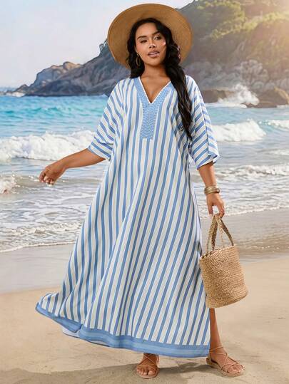 Linhara CURVE Plus Size Women's Blue & White Striped Print V-Neck Short Sleeve Casual Dress, Linen-Like Texture, Vintage French Riviera Style, Summer New Arrival