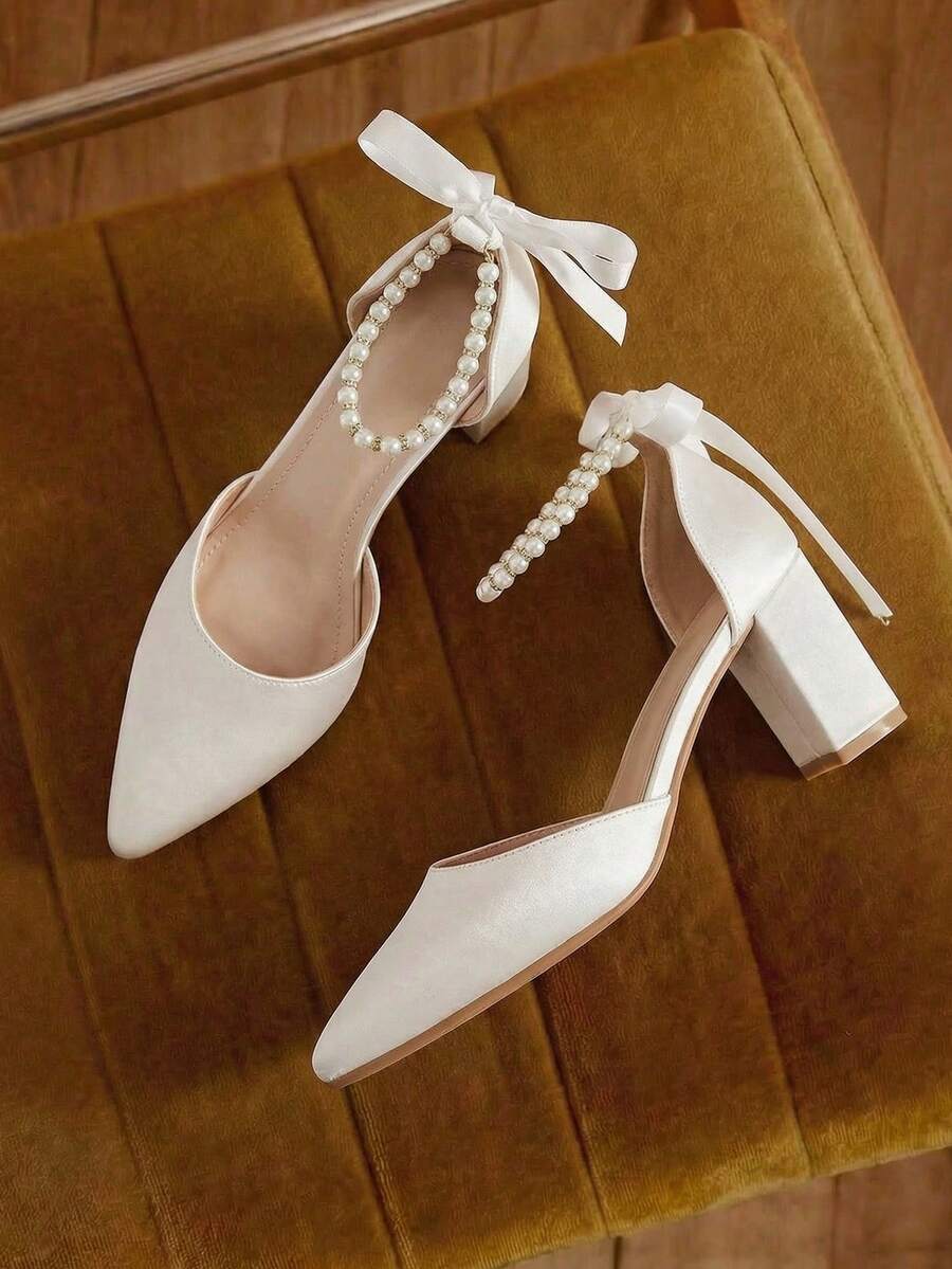 Eladyva Giày cao gót đế chunky mũi nhọn đính ngọc trai giả, màu be sang trọng, quai ngang mắt cá chân bằng satin, thích hợp cho tiệc tùng và đám cưới, thuộc bộ sưu tập Thu/Đông 2025 dành cho nữ. - Màu be - Xem 1