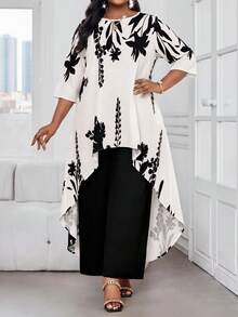 SHEIN Lady 2025新款女装两件套加大码商务通勤撞色印花不对称下摆上衣和裤子套装优雅夏季度假女装加大码两件套女装秋季女装 - 彩色 - 查看 4