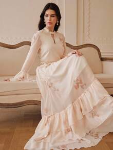 ZEYLAH FLORAL PRINT FLARE SLEEVE TOP AND RUFFLED HEM FLOWY SKIRT 2 PIECES SET - Apricot - View 7