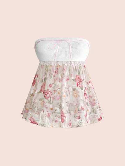 Sweetness Áo kiểu Y2K in hoa phối nhiều mảnh, cổ áo kiểu búp bê, thích hợp cho kỳ nghỉ biển.