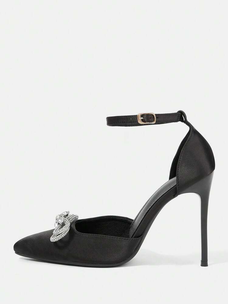 CUCCOO HITCHD Black Satin Pointed-Toed Stiletto High Heels Women's Rhinestone Bow Strap Sandals New Dinner Bridesmaid Shoes