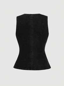 SHEIN MOD 女士纯色圆领无袖前扣休闲牛仔上衣，夏季 - 黑色 - 查看 2