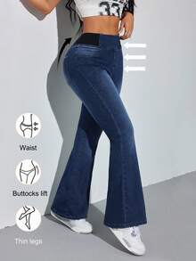 SHEIN PETITE 女款藍色牛仔緊身喇叭褲，舒適高彈力丹寧，夏季辦公穿搭，美人魚風，適合嬌小女性 - 深色水洗藍 - 查看 9