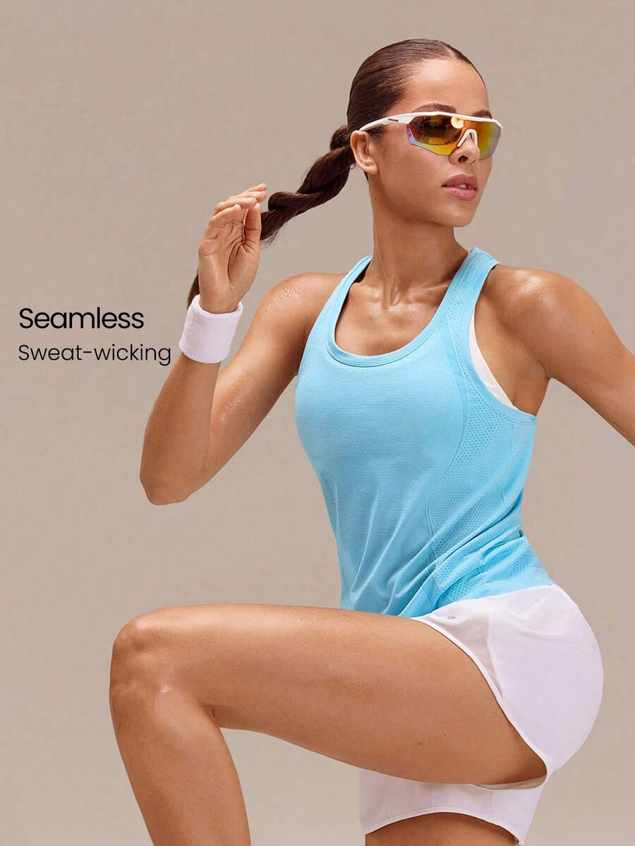 GLOWMODE Áo tank top dáng racerback dài ngang eo, siêu mềm mại, không đường may, chất liệu thoáng khí, thích hợp cho tập luyện chạy bộ, thể dục, tập gym. - Màu xanh nhạt - Xem 1