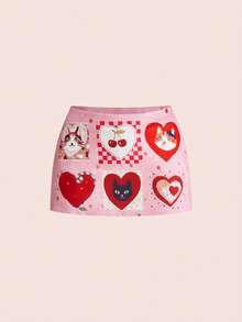 ROMWE Kawaii Cute Cat Heart Cherry Polka Dot Print Ultra Low Waist Mini Skirt For Women - Multicolor - View 10