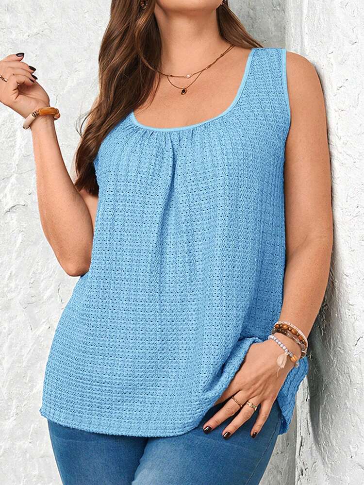 Plus Size Casual Camisole, Sleeveless Minimalist Style, Suitable For Holiday Spring Outfits For Women Vacation Mesh, Plus Size Women's Summer Casual Vacation Country Solid Color Blue Round Neck Casual Loose Fit Tank Top ,Summer/Vacation,Summer Holiday,Spring Break Outfits ,Vacation Outfits Women ,Holiday Outfits For Women,Going Out Outfits,2026 New Clothes,Simple And Fashionable For Everyday Wear,Suitable For Summer, Vacation, Daily Wear, Teal Tops, Turquoise Top Women,Blue Vests, Women's Summer Tops, Tops For Women For Summer, Beach Top For Women, Sleeveless Tops For Women,Gifts For Mother