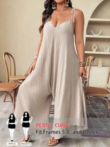 SHEIN PETITE CURVE 大码女式卡其色编织V领系带宽松纹理休闲连体裤，轻松夏日度假风 - 卡其色 - 查看 3