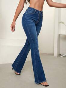 Breezaya 女性日常簡約喇叭牛仔褲 - 深色水洗藍 - 查看 1