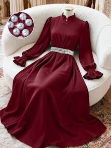 GlowEve Robe longue évasée avec manches évasées et décoration de perles à la taille, élégante pour les déplacements quotidiens, la mode, les vacances, le style de rue français, polyvalente, convenant pour la Saint-Valentin, les fêtes, le Nouvel An. Vert émeraude, nouvelle arrivée pour le début du printemps/automne-hiver, robe à manches longues - Rouge foncé - Voir 3