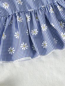 SHEIN Baby Girl Plaid & Floral Print Ruffle Bow Decor Top And Pants Casual Daily Outfit Set - Blue - View 6