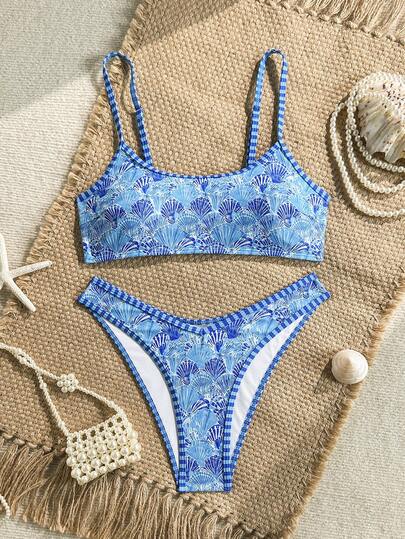 Swim Mod 2pcs/Set Women's Beach Bikini Set, Random Colorful Ocean Element & Shell Strap, Geometric Contrast Trim Design