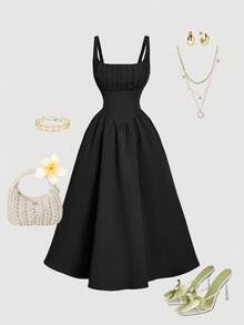 SHEIN MOD Đầm xếp ly thời trang màu trơn dành cho nữ - màu đen - Xem 5