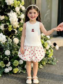 SHEIN Vintaside Kids 2件組少女可愛蝴蝶結無袖上衣與粉色格紋短褲，清新夏季海灘、野餐與休閒外出穿搭 - 彩色 - 查看 8
