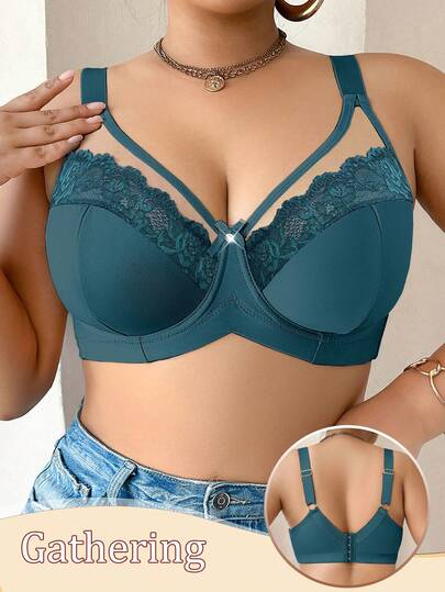 DesireSculpt 1pc Plus Size Women Solid Color Contrast Lace Fashion Underwire Bra
