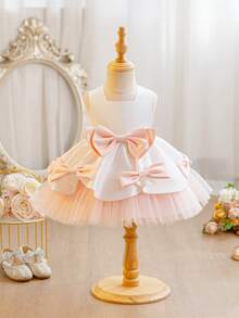 Glamorique Kids 女孩圣诞派对服装圣诞老人连衣裙、新年连衣裙 - 缎面蝴蝶结、撞色网纱薄纱裙、宝宝一周岁生日连衣裙、女宝宝生日连衣裙、女宝宝连衣裙、粉色婴儿连衣裙、一周岁生日连衣裙、母女装、迎婴派对服装、女宝宝服装、女宝宝生日连衣裙 - 米色 - 查看 3