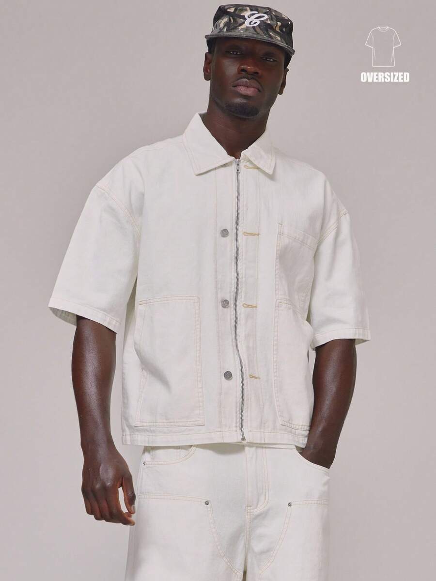Musero Oversized Short Sleeve Collared Dropped Shoulder Denim Shirt Zip Through Pocket Detailing Contrast Stitching Spring Summer Essentials Holiday - White - View 1