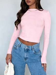 INAWLY Solva Women's Solid Color Long Sleeve Backless Casual T-Shirt - Baby Pink - View 3