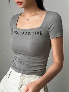 DAZY Women's Versatile Slogan Embroidered Square Neck Short Sleeve T-Shirt, Suitable For Daily Wear In Summer - Grey - View 4
