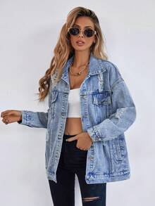 SHEIN X Lucía Bellido Selenza XLucía Belido Button Front Flap Pocket Drop Shoulder Denim Jacket Winter - Light Wash - View 7