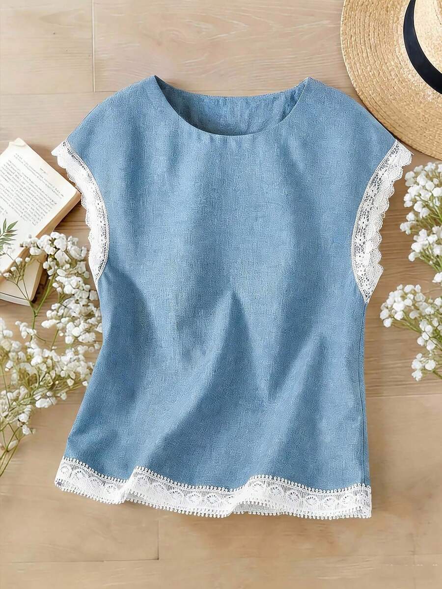 Rusticease Damen Rundhals Spitzenbesatz Lässig Minimalistische Sommer Bluse, Sommeroutfit für Frauen, Frühlingsbekleidung für Frauen, Strandelegante Lässig Urlaubsoutfits für Frauen, Damenblusen Lässig Tops für Frauen, Damen Kurzarm Tops, Damen Tops für den Sommer, Damen Tops und Blusen, Festivaloutfits für Frauen, Neueste Tops für Frauen, Neue Ankunft Lässig Tops für Frauen, Elegante Lässig Landhaus Look Landhaus Outfits für Frauen, Urlaubskleider, Urlaubsoutfits für Frauen, Damen Tops für den Sommer, Damen Sommer Spitzenbesatz Top - Blau - Übersicht 1
