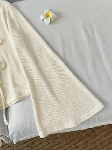 SHEIN LUNE 34%棉条纹针织休闲系带喇叭袖上衣，适合外出、街头风、机场、时尚、通勤、派对、婚礼、度假等场合。 - 彩色 - 查看 4