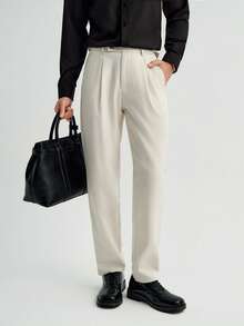 MENRIVO Pantalones casuales rectos con pliegues y bolsillos de unicolor para hombres, otoño - Albaricoque - Ver 4