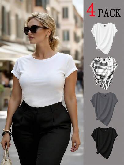 Easura Camiseta de manga corta con cuello redondo casual y versátil en talla extra grande