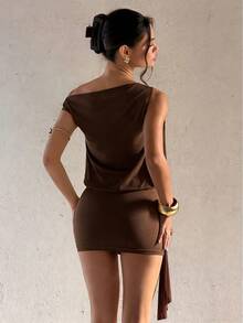 Bluhae Fitted Semi-Sheer Mini Dress Women's Coffee Sleeveless Asymmetrical Neckline Short Dress - Coffee - View 2