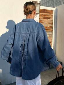 Áo khoác denim nữ dáng rộng, thoải mái, phong cách nghỉ dưỡng, có nơ, thích hợp cho mùa xuân và mùa hè. - Màu xanh lam - Xem 3