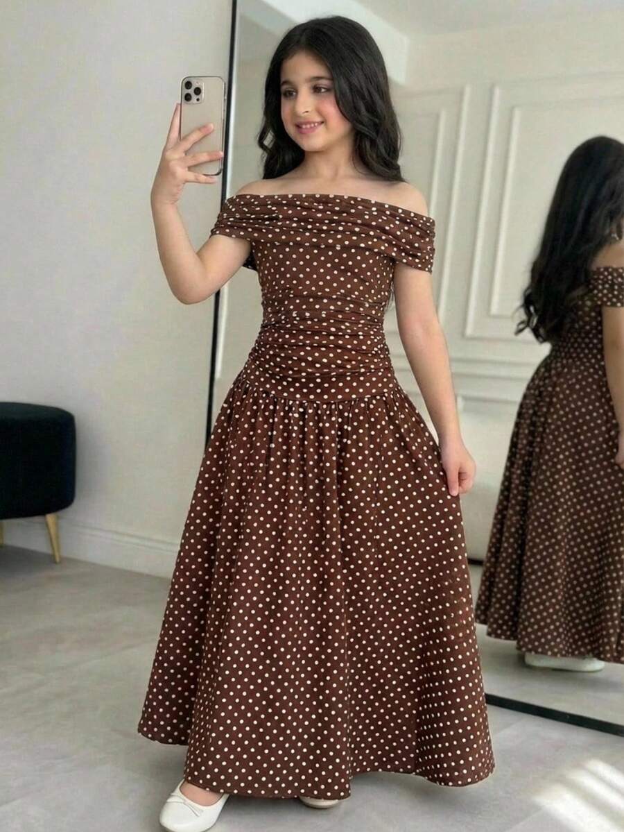 SHEIN Vintage Polka Dot Off-Shoulder Maxi Dress For Tween Girl, Smooth Fabric Design (Off-Shoulder Ruffle + Waist Pleats + Flared Skirt, Brown Base With White Polka Dot Print), Soft Material Suitable For Spring, Summer & Autumn, Classic Polka Dot Element + Elegant Off-Shoulder Silhouette Fit For Daily Wear, Birthday Party, Date, Fitted But Not Tight, Easy To Style, Creates A Retro Feminine Look - Brown - View 1