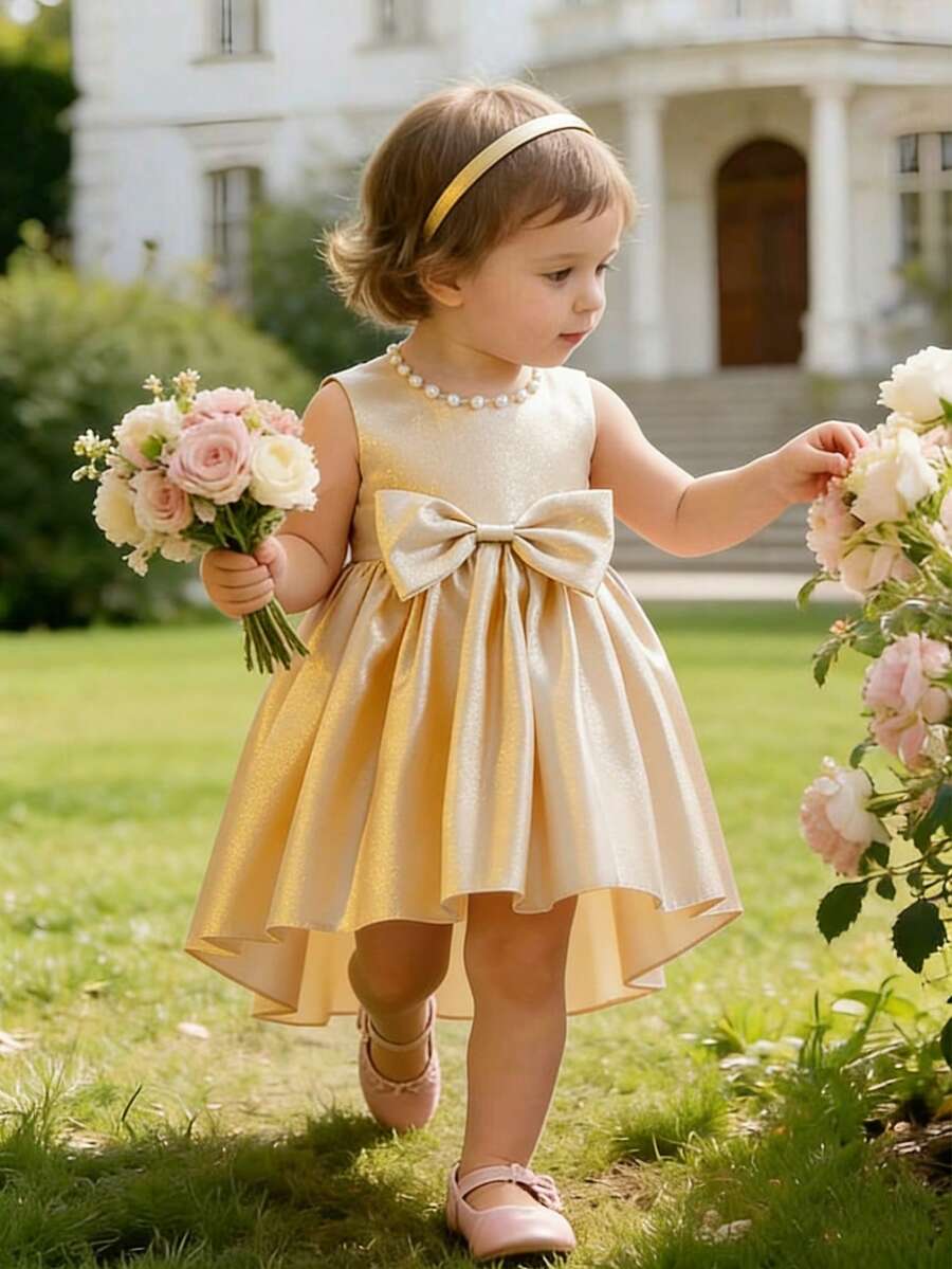 SHEIN Glamorique Kids 女婴婚礼花童礼服，粉色亮面面料，手工串珠大蝴蝶结拖地礼服，女婴生日派对礼服，女婴派对礼服，金色女童礼服，女婴婚礼春季礼服，金色花童礼服