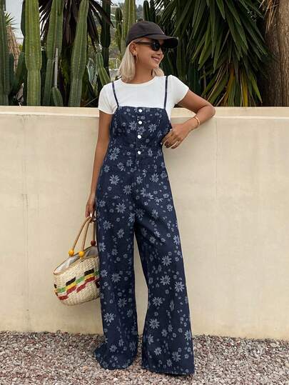 Livesso Quần jeans ống đứng họa tiết hoa nhí, quần yếm và áo liền quần dành cho nữ, thích hợp cho mùa xuân và mùa hè, đi nghỉ mát và phong cách đường phố.